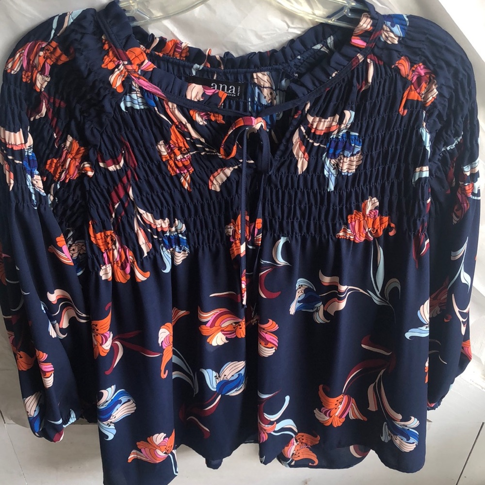 a.n.a smocked blouse. Navy blue with orange, pink, maroon & peach flowers.